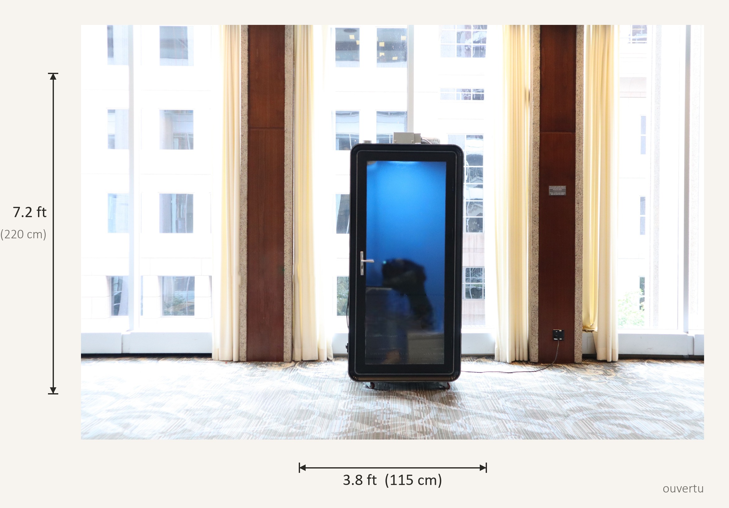 Ouvertu privacy pod dimension diagram — 7.2 ft tall, 3.8 ft wide